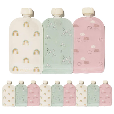 Set of pastel-colored bottles with cloud, rainbow, and mountain designs on a white background.