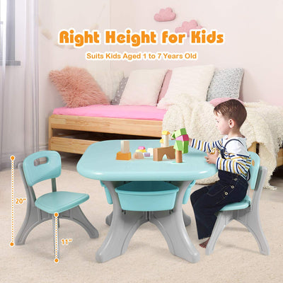 Costzon Kids Table and Chairs, 3 PCS Activity Desk Set w/ 4 Detachable Storage Bins for Indoor Outdoor Play Art Crafts Picnic Patio, Lightweight Toddler Table and Chair Set (Green & Gay)