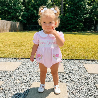 Lamuusaa Newborn Baby Girl Clothes Smocked Peter Pan Bubble Romper Turtle Embroidery Stripe Bodysuit Infant Summer Outfit (Pink, 0-3 Months)
