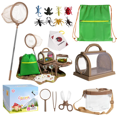 CUUCUVA Bug Catcher Kit for Kids Outdoor Explorer Kit with Insect Cage, Observation Box, Magnifying Glass, 8 Toy Bugs, Net & 10 Cards, STEM Educational Toys Gifting for Boys & Girls Ages 3+