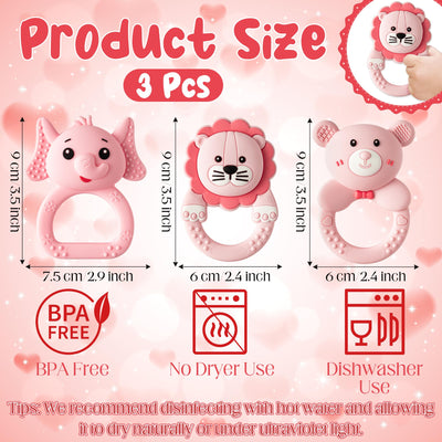 Silicone Teething Toy for Babies - 2ooya 3Pcs Pink Bear Lion Elephant Food Grade Rattle Teether Infant BPA Free Sore Gums Pain Teething Relief Chew Sensory Toy for Newborn Girl Baby Shower Birthday