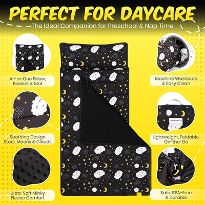 Roll Up Kids Nap mat with Fleece Ultra-Soft Minky Blanket and Pillow – Soft Toddlers Sleeping Mat with Dreamy Star-and-Cloud Design for Daycare, Preschool, Travel, Camping, Kindergarten