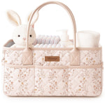 Konssy Floral Quilted Diaper Caddy Organizer, Diaper Caddy Basket with PU Leather Handles, Water-Repellent Nursery Storage Basket, Portable Car Organizer, Registry Search Must Haves (Floral)