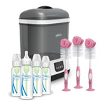 Dr. Brown’s Clean Steam Baby Bottle and Pacifier Sterilizer and Dryer, Anti-Colic Options+ Baby Bottles 8 oz, 0m+ Level 1 Nipple, 4 Pack, and Reusable Sponge Bottle Cleaning Brush Set Pink, 3-Pack