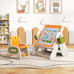Costzon 6-in-1 Kids Table and Chair, Folding Height-Adjustable Art Easel w/Reversible Building Block Tabletop & Whiteboard, Bookshelf and Storage Baskets, Sand Water Play Table for 18+ Months (Orange)