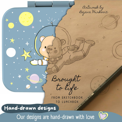 BEARFOOT Kids Lunch Box with Compartments – Compact & Lightweight | Leak-Proof, BPA-Free, Dishwasher Safe | Hand-Drawn Design for Preschool, School, Travel (Astro Bear Blue, 2.75 Cups)