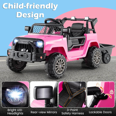 Costzon Ride on Car with Detachable Trailer, 12V Battery Powered Ride on Truck with Parent Remote Control, Light & Music, Electric Vehicle Kids Car Toy for Boys & Girls (Pink)