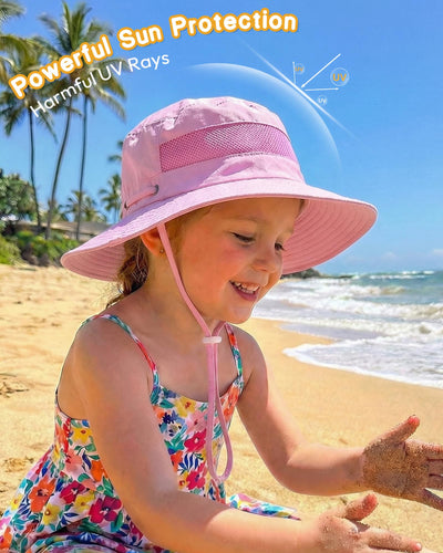 HONGTEYA Kids Sun Hat Toddler Summer UV Protection Adjustable Kids Beach Hat with Breathable Mesh for Girls 2-8 Years (US, Age, 6 Months, 24 Months, White + Pink)