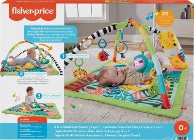 Fisher-Price Baby Playmat 3-in-1 Rainforest Sensory Gym with Music & Lights, Tummy Wedge & 5 Developmental Toys for Newborns 0+ Months