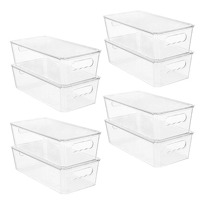 Set of clear storage bins with handles on a white background