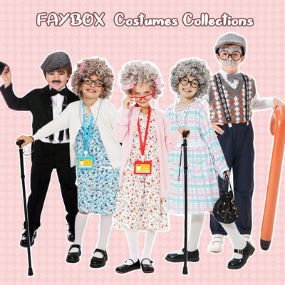 FAYBOX 9 pcs Old Lady Costume for Kids,100 Days of School Costume Old Lady Wig for Girls, Granny Grandma Dress Up