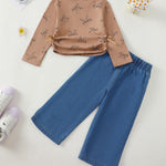 Baby Girl Outfit 18 24 Months Girl Clothes Khaki Long Sleeve Shirts Tops Wide Leg Jeans Pants Toddler Casual Clothes Fall Winter Clothing Set
