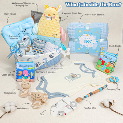 Baby Boy Gifts,Baby Shower Gifts for Boys,Large Baby Boy Gift Basket Set with Swaddle Rattle Toys,Essential Stuff,Gender Reveal Gifts for New Parents