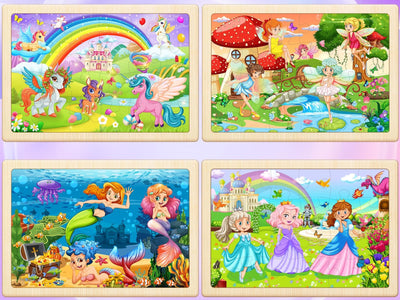 Wooden Puzzles for Kids Ages 4-6, 4 Pack with 24 Pieces Unicorn, Mermaid, Princess, Elf Wooden Puzzles for Toddlers Set, Educational & Learning Puzzles, Gifts for 3 4 5 6 Year Old Boys Girls