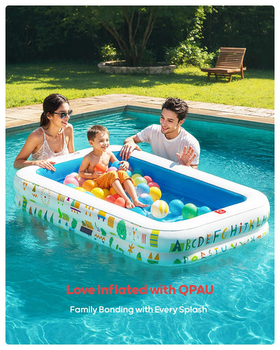 QPAU Kiddie Pool – 65" x 39" Inflatable Pool for Kids & Toddlers, Ball Pit & Baby Pool with Soft Floor, Educational Alphabet & Number, Durable Outdoor Play Toys for Backyard & Indoor Fun (Blue)