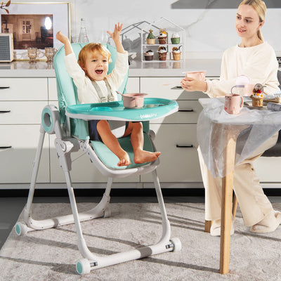 BABY JOY High Chair for Babies & Toddlers, Foldable Highchair with Adjustable Backrest/Footrest/Seat Height, Double Removable Trays, Detachable Seat Cushion, 4 Lockable Wheels (Green)