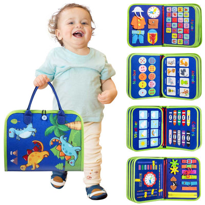 Child holding a colorful travel activity book with various educational pages.