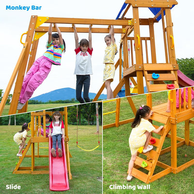 Swing-Sets with Monkey Bars for Backyard, Wooden Playground Set for Kids Ages 3-8, Outdoor Playset with Wave Slide, Play Deck, Rock Wall Ladder, Belt Swings & Canopy for Toddlers to Big Kids
