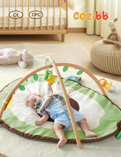 CoziBB Baby Play Gym Mat & Activity Mat, Baby Tummy Time Mat, Large Avocado Shaped Playmat with 6 Detachable Toys for Motor Skills & Sensory Development, Washable Infant Baby Essentials,Light Green