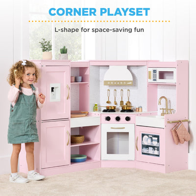 Best Choice Products Pretend Play Corner Kitchen, Ultimate Interactive Wooden Kids Playset w/Lights & Sounds, Ice Maker, Hood - Bevel Pink