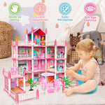 deAO Princess Girl Toys 4-Story 14 Room Dollhouse Playset with 4 Dolls, Furniture & Accessories, Princess Castle Toy for 3-8 Kids