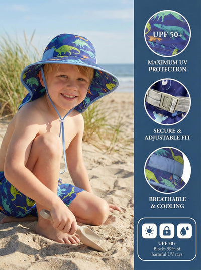 icolor Kids Sun Hat UPF50+ Sun Protection Bucket Hat Toddler UV Protection Summer Travel Beach Play Hats with Neck Flap for Girl Boy Ages 3~10 (Littledinosaur)