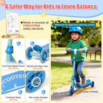 Kick Scooter for Kids Ages 3-7, Three Wheel Toddler Scooter with Handlebar Steering(No Lean),Height Adjustable, Light Up Rear Wheels, Indoor Outdoor Toy for Girls Boys, Holiday Birthday Gift, Blue