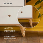 dadada Austin 5-Drawer Dresser for Nursery and Bedroom - Modern Design, Large Storage, Baby-Safe Finish, Anti-Tip Safety, Solid Wood Feet, Durable Construction (White + Red Oak)