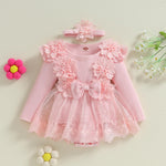 ZAXARRA Infant Baby Girl Romper Dress Baby Dress Romper Flowers Lace Fall Winter Clothes with Headband (Pink, 6-9 Months)