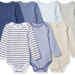 Hudson Baby Unisex Baby Long Sleeve Cotton Bodysuits, Boy Basics Long Sleeve 7 Pack, 9-12 Months (12M)