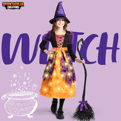Spooktacular Creations Girls Light Up Bat Witch Tutu Costume, Toddlers Witch Dress with Hat and Broom for Kids Halloween Role Play Themed Parties, Purple Orange, 3T