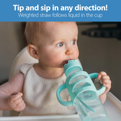 Dr. Brown's Milestones Narrow Sippy Straw Bottle, Spill-Proof with 100% Silicone Handles and Weighted Straw, 8 oz/250 mL, Gray & Green, 6m+