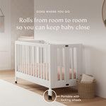 Babyletto Maki 2-in-1 Baby Crib Convertible to Toddler Bed - GREENGUARD Gold Certified Portable Folding Wood Crib w/ Toddler Conversion Kit - 4 Adjustable Heights, Easy to Assemble - White