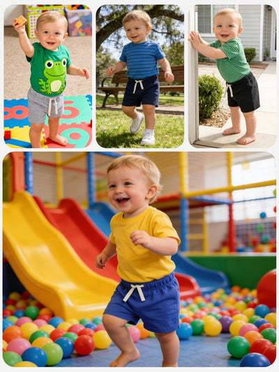 Feyoyi 4 Pack Baby Boy Shorts Cotton Pull On Baby Shorts Infant Boy Clothes Summer Casual Elastic Waist with Drawstring Navy Blue, Black, Royal Blue, Gray Set B 0-3M