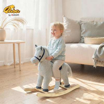 Qaba Kids Rocking Horse for Toddler 3-5, Plush Ride on Horse Wooden Rocker with Realistic Sounds, Gray