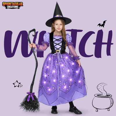 Spooktacular Creations Girls Witch Costume, Light up Witch Costume Kids, Starry Dress with Broom Belt Hat for Child Halloween Role Play Parties, M
