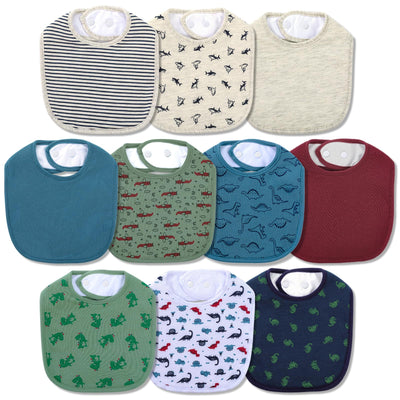 Collection of colorful baby bibs with various patterns on a white background