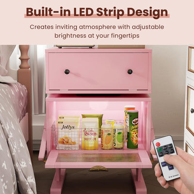 RoyalCraft Nightstand with LED Light Strips, Pink End Table with 360° Rotating Drawer, Modern Bedside Table with Glass Door Storage, Wood Night Stand Cabinet for Bedroom, Home Office, Pink