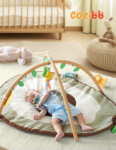 CoziBB Baby Play Gym Mat & Activity Mat, Baby Tummy Time Mat, Large Avocado Shaped Playmat with 6 Detachable Toys for Motor Skills & Sensory Development, Washable Infant Baby Essentials, Olive Green