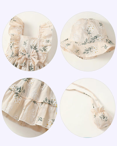 Renotemy Baby Girl Summer Dress Infant Boho Outfits Beige Casual Floral Sundress with Hat and Bag Sleeveless Party Beach Vintage Dresses Baby Girl Clothes 6-9 Months 12 Months