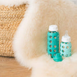 Lifefactory Baby Bottle Starter Set 10-Piece | 4 oz Mint & Lavender, 9 oz Kale & Grape | Includes Flat Caps, Sippy Caps, Stage 2 Nipples