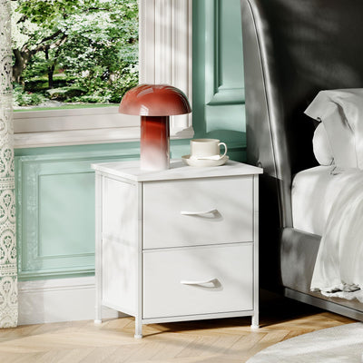 Somdot Nightstand, Small 2 Drawer Dresser End Table, Chest of Drawers, Bedside Table Night Stand End Table with Fabric Bins for Bedroom Kids Closet Dorm Guest Room, White Leather