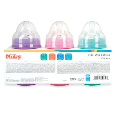 Nuby Wide Neck Non-Drip Bottle - Baby Bottles with Anti-Colic Vari-Flo Valve - (3-Pack) 8 Oz - 0+ Months - Aqua, Pink, Purple