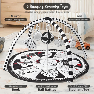 Black and White Tummy Time Mat, Play Mat for Babies 0-6 Months High Contrast Baby Play Activity Gym Baby Tummy Time Play Mat with 5 Toys for Early Sensory Exploration Newborn Infant Baby Playmat