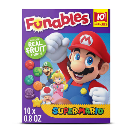 Packaging of Funables Super Mario candy with characters on a purple background