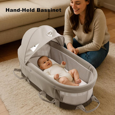 SUNVENO Portable Hand Held Bassinet for Baby with Canopy, Foldable Hand-Held Travel Cradle, 6 Carry Handles, Breathable Mesh, Water-Resistant Bottom, Indoor & Outdoor Baby Travel Bed