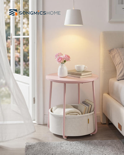 SONGMICS HOME Small Side Table, Round End Table, 2 Tier Nightstand with Basket, U Shaped Steel Legs, Easy Assembly, for Living Room, Bedroom, Pink and White