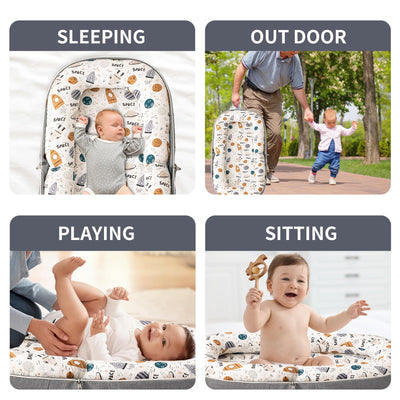 GloTika Baby Lounger, Foldable Infant Nest Pillow with Soft Memory Foam Mat, Cover with Adorable Pattern, Converts to Backpack for Easy Travel, 0-12 Months, Rocket