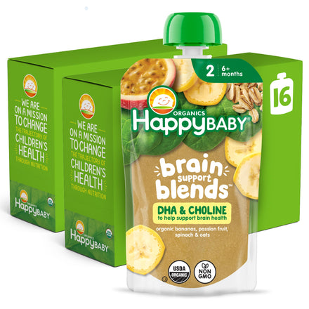 Happy Baby brain support blends packaging with green and white design