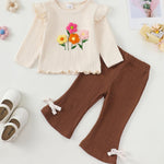 Kucnuzki 3-6 Month Baby Girl Clothes Long Sleeve Round Neck Shirts Cute Floral Tops Brown Flare Leggings Bell Bottom Knit Pants 2 Piece Infant Baby Outfits